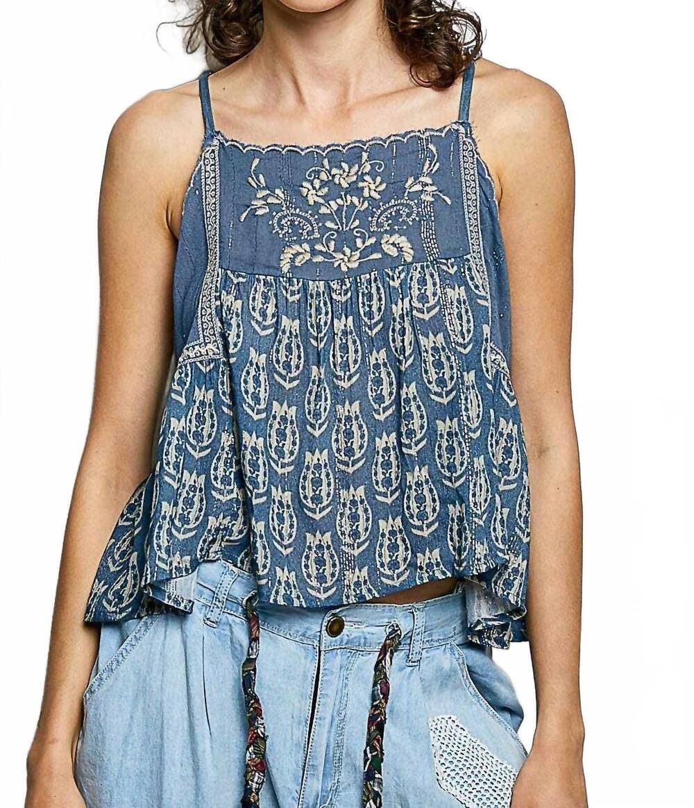 NEW POL women's camisole printed embroidered woven top in indigo